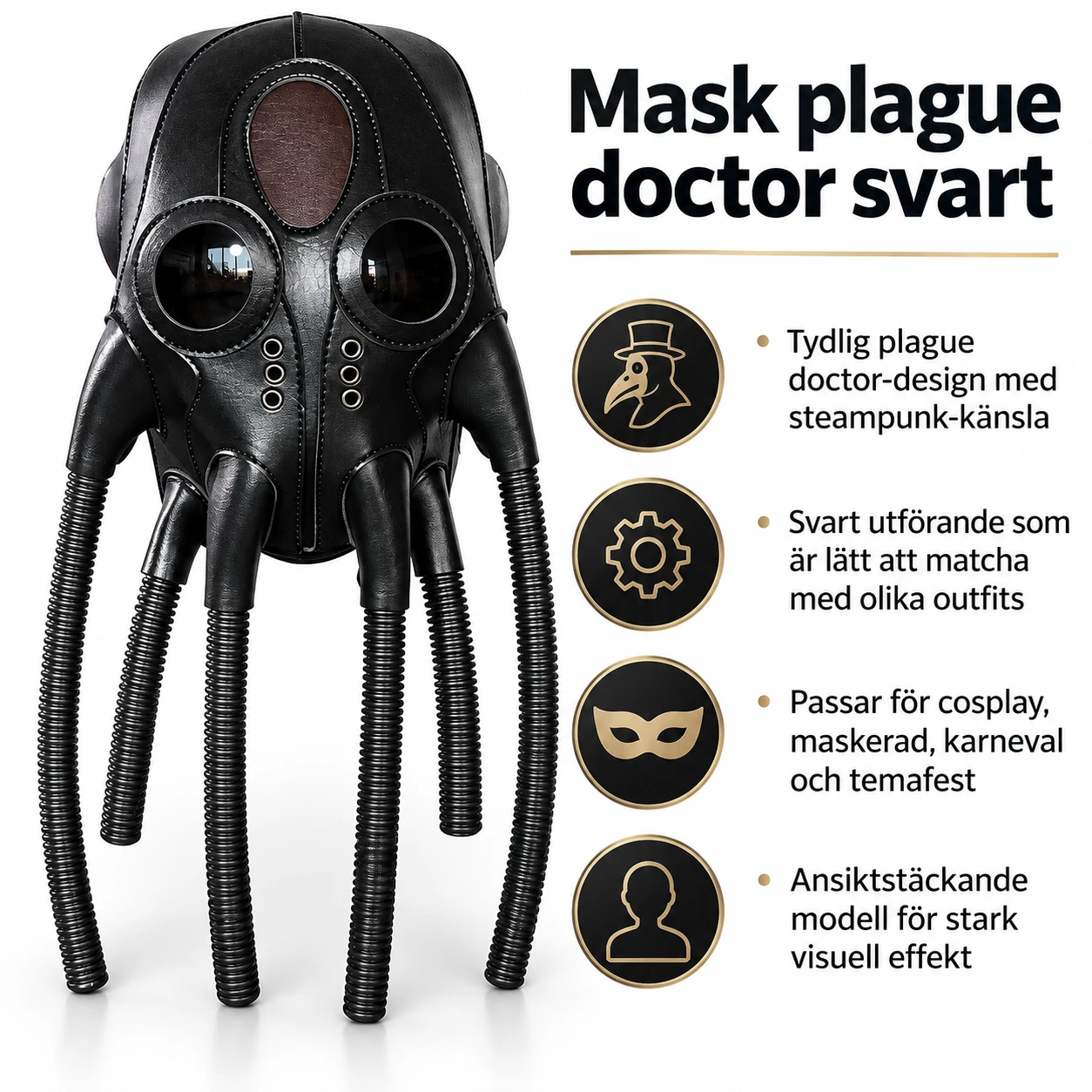 Svart Läder-Look Bläckfisk Helmask med Tentakelslangar