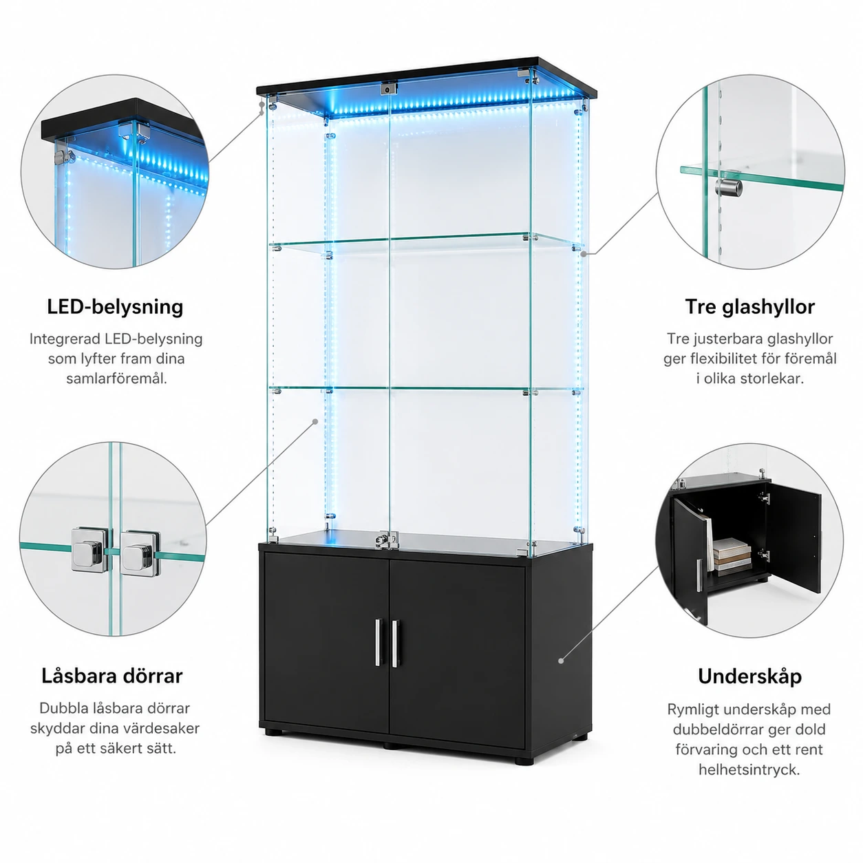 Glasvitrinskåp med LED och låsbara dörrar