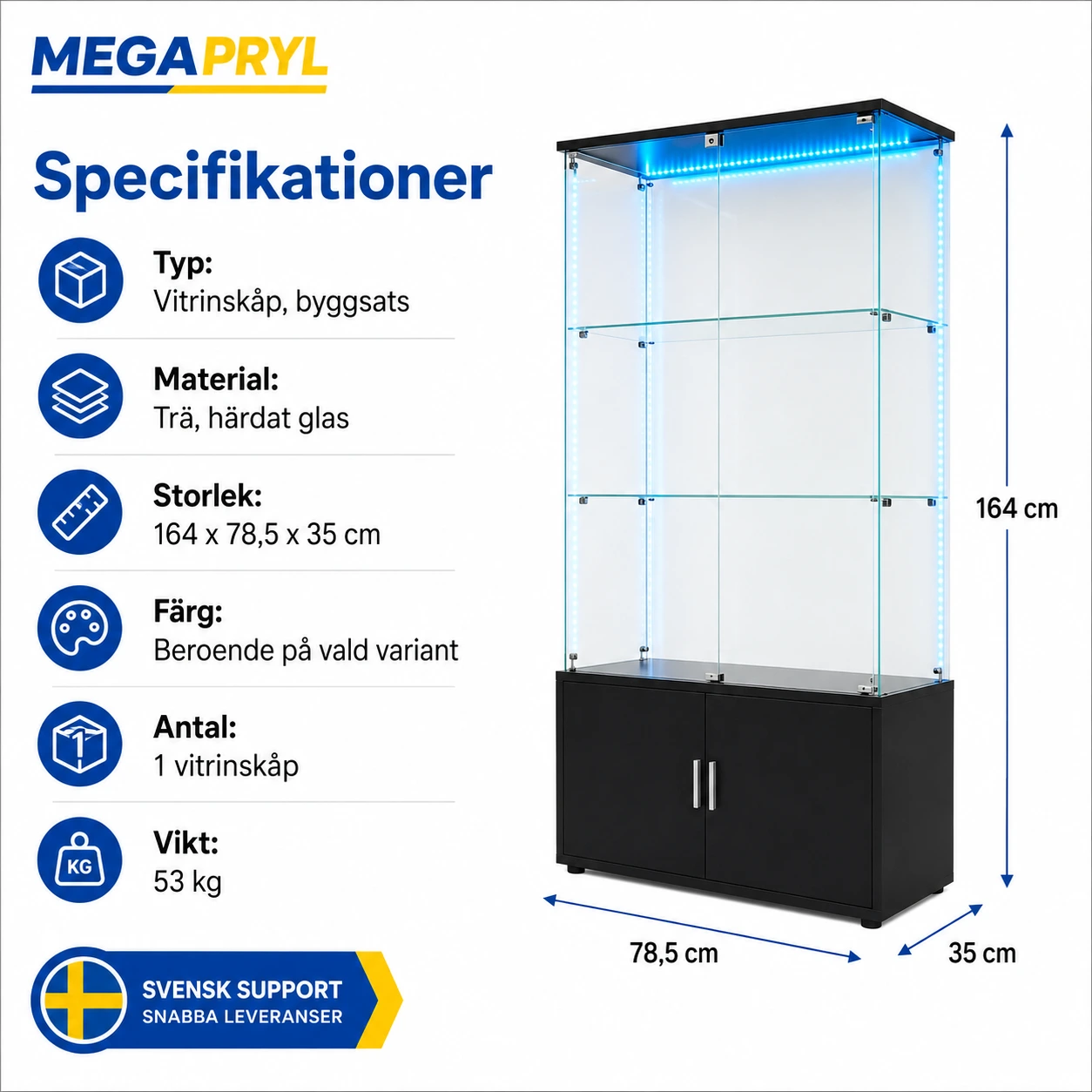 Glasvitrinskåp med LED och låsbara dörrar