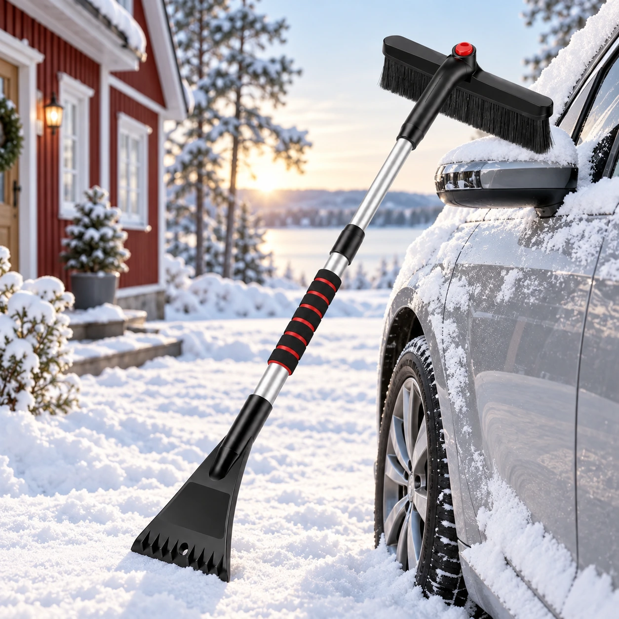 Teleskooppinen lumiharja ja jääraappa autoon