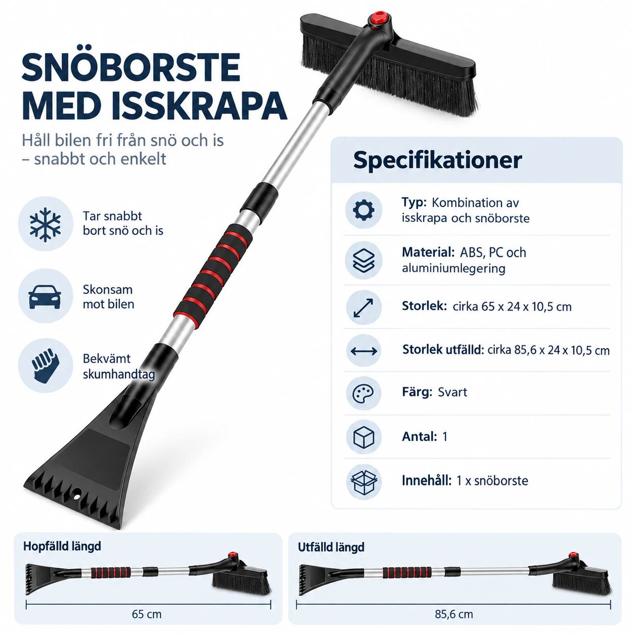 Teleskopisk snöborste och isskrapa för bil