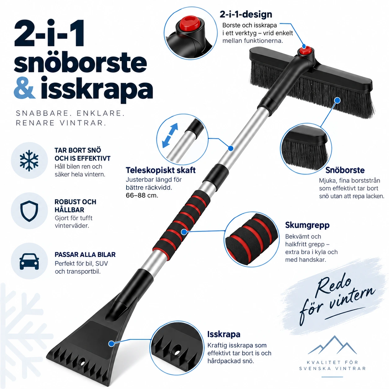 Teleskopisk snöborste och isskrapa för bil