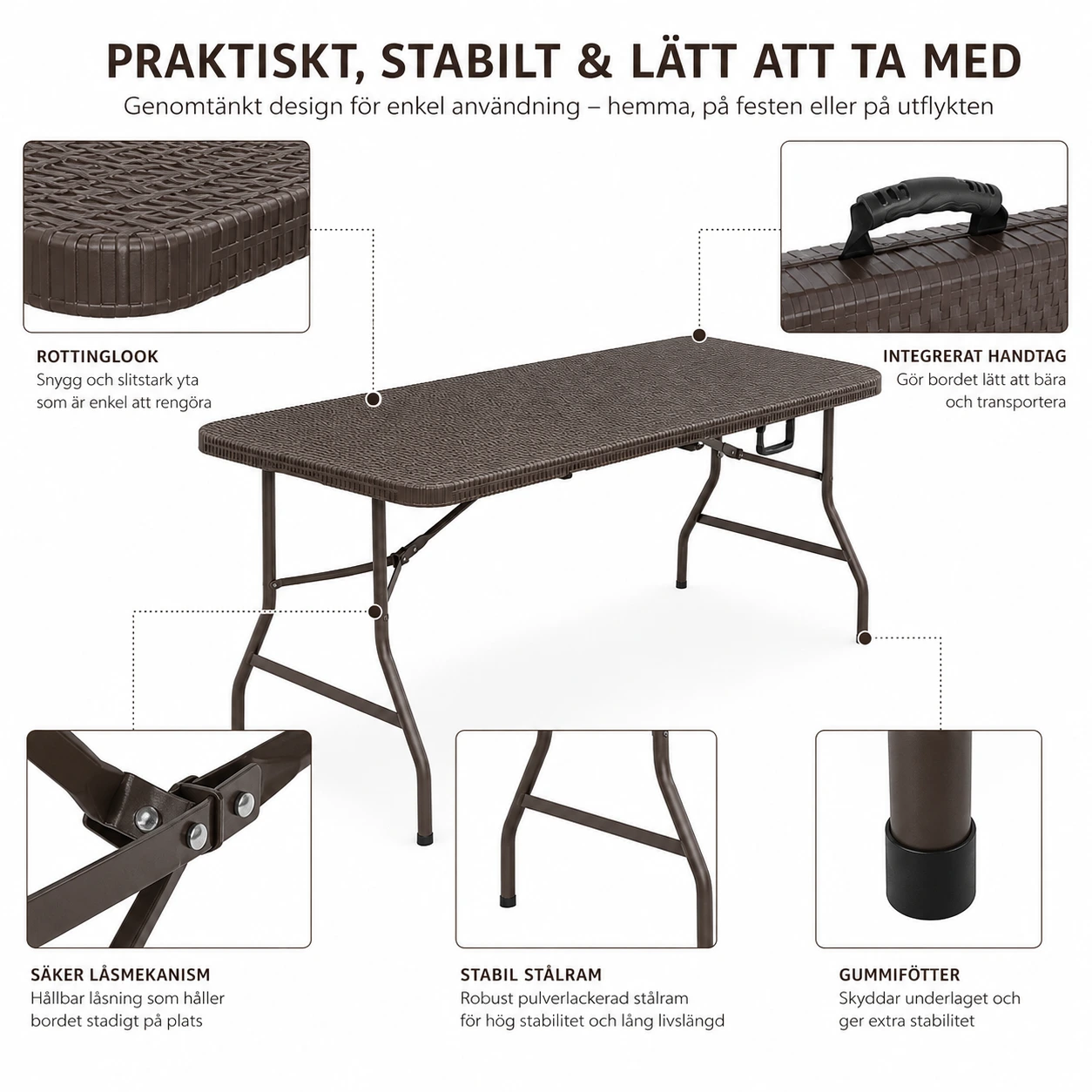 Hopfällbart Bord 180 cm med Bärhandtag – Brun Rottinglook