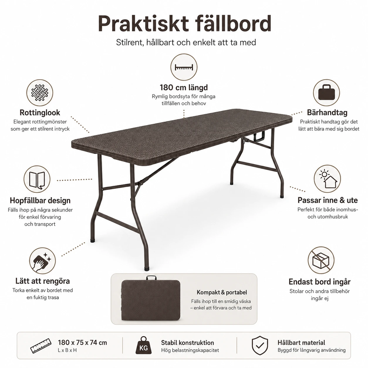 Hopfällbart Bord 180 cm med Bärhandtag – Brun Rottinglook