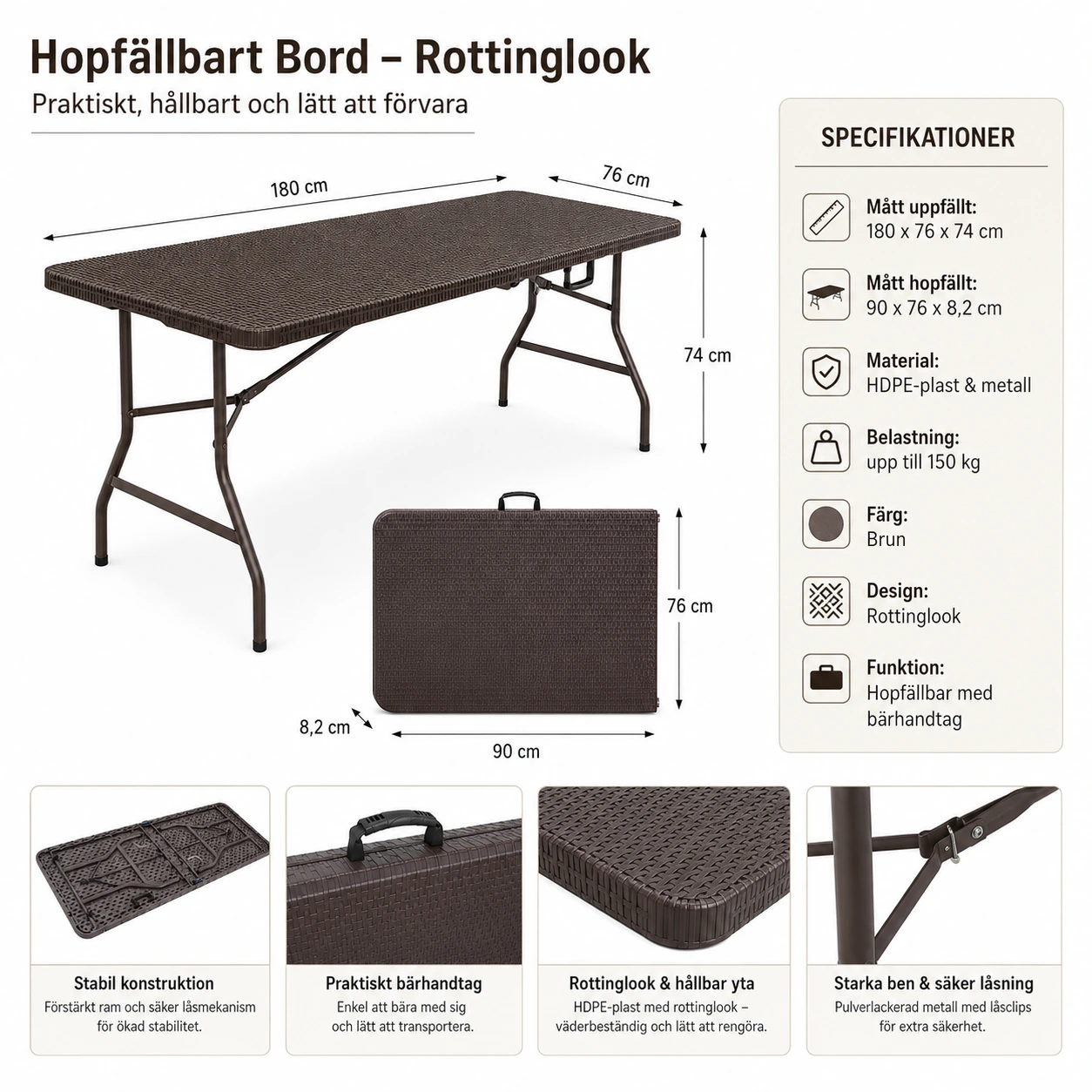 Hopfällbart Bord 180 cm med Bärhandtag – Brun Rottinglook
