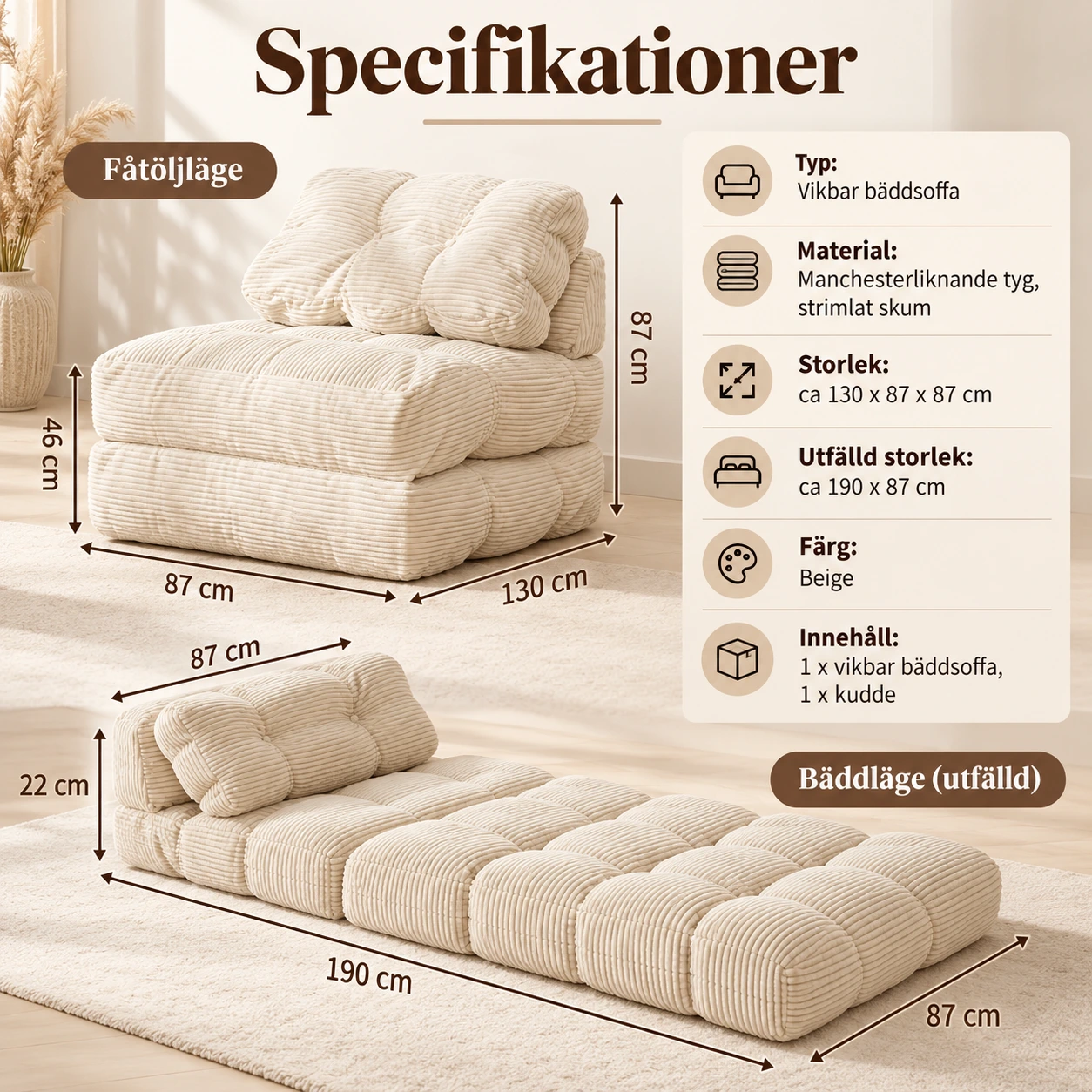 Vikbar bäddsoffa 3-i-1 med ryggstöd och kudde