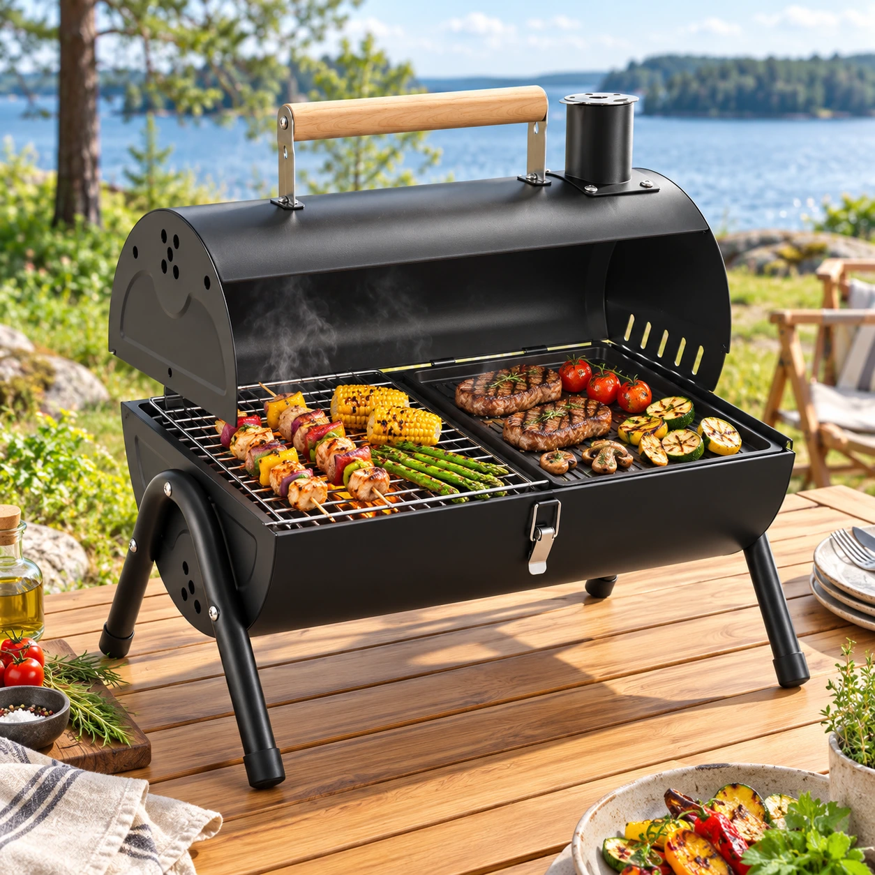 Portabel kolgrill för camping och picknick med dubbla grillzoner