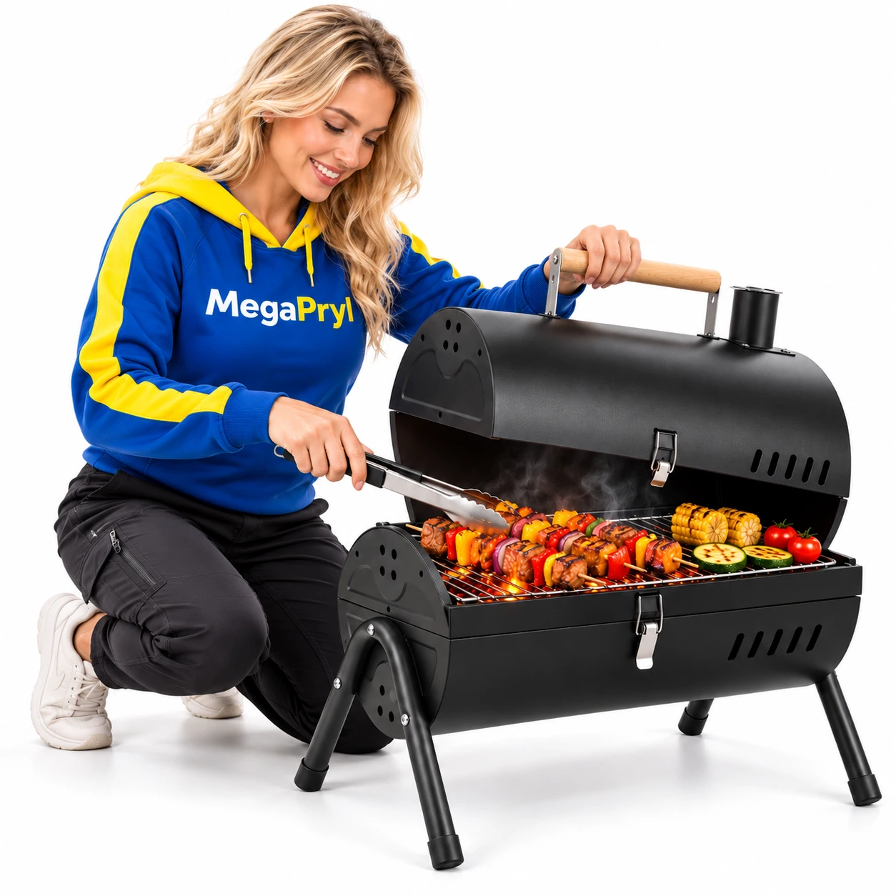 Portabel kolgrill för camping och picknick med dubbla grillzoner