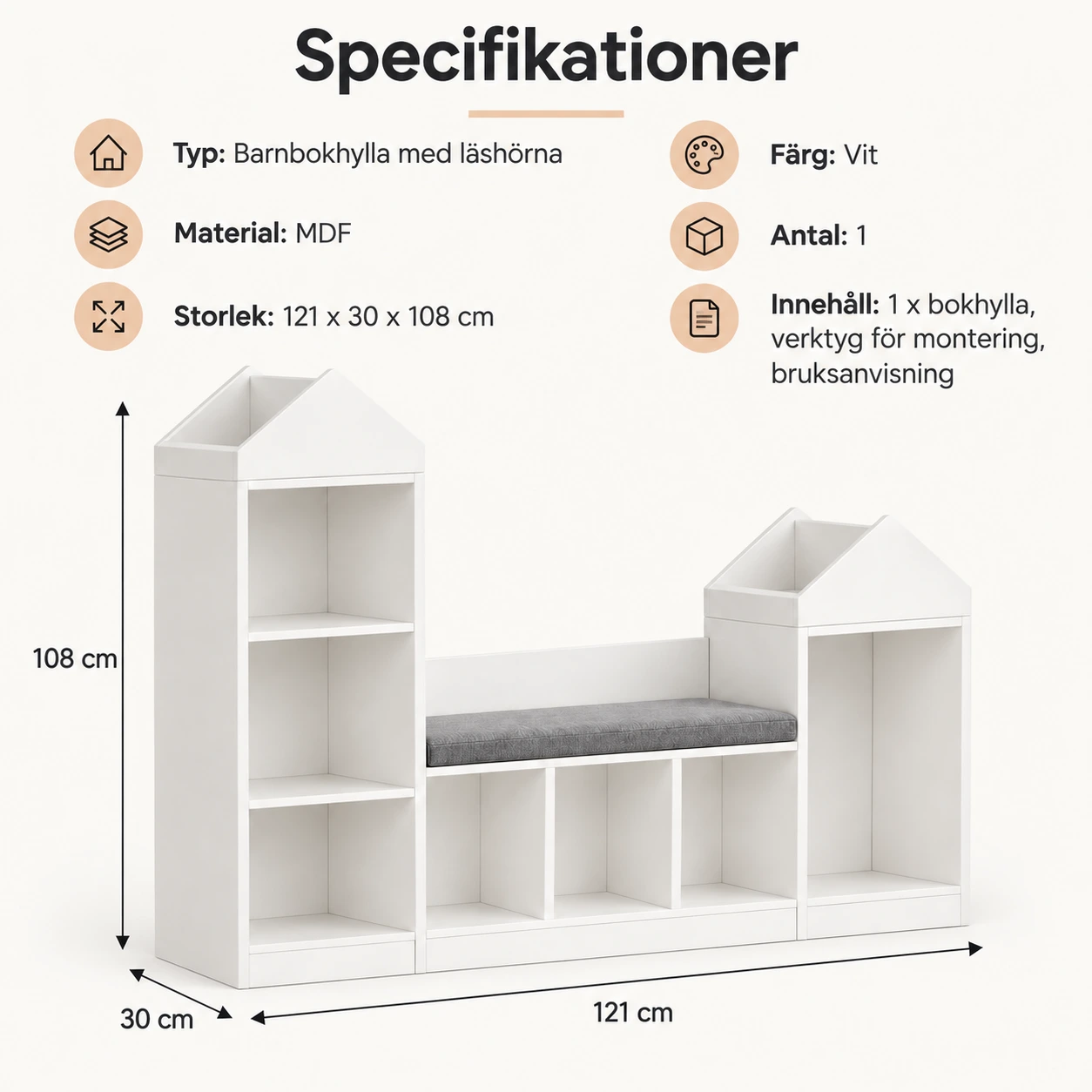 Barnbokhylla med läshörna och sittdyna i MDF