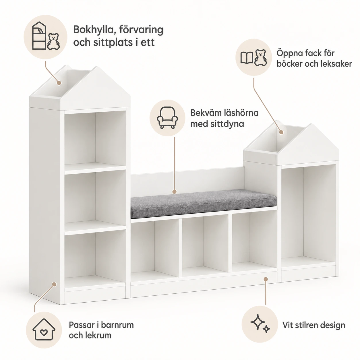 Barnbokhylla med läshörna och sittdyna i MDF