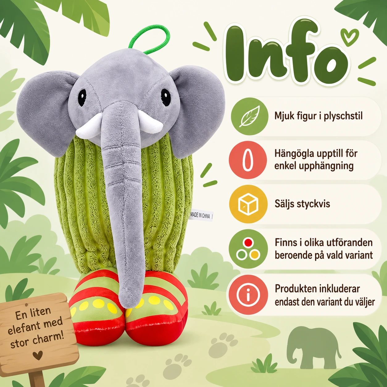 Elefant Plyschdocka med hängögla, 1 st