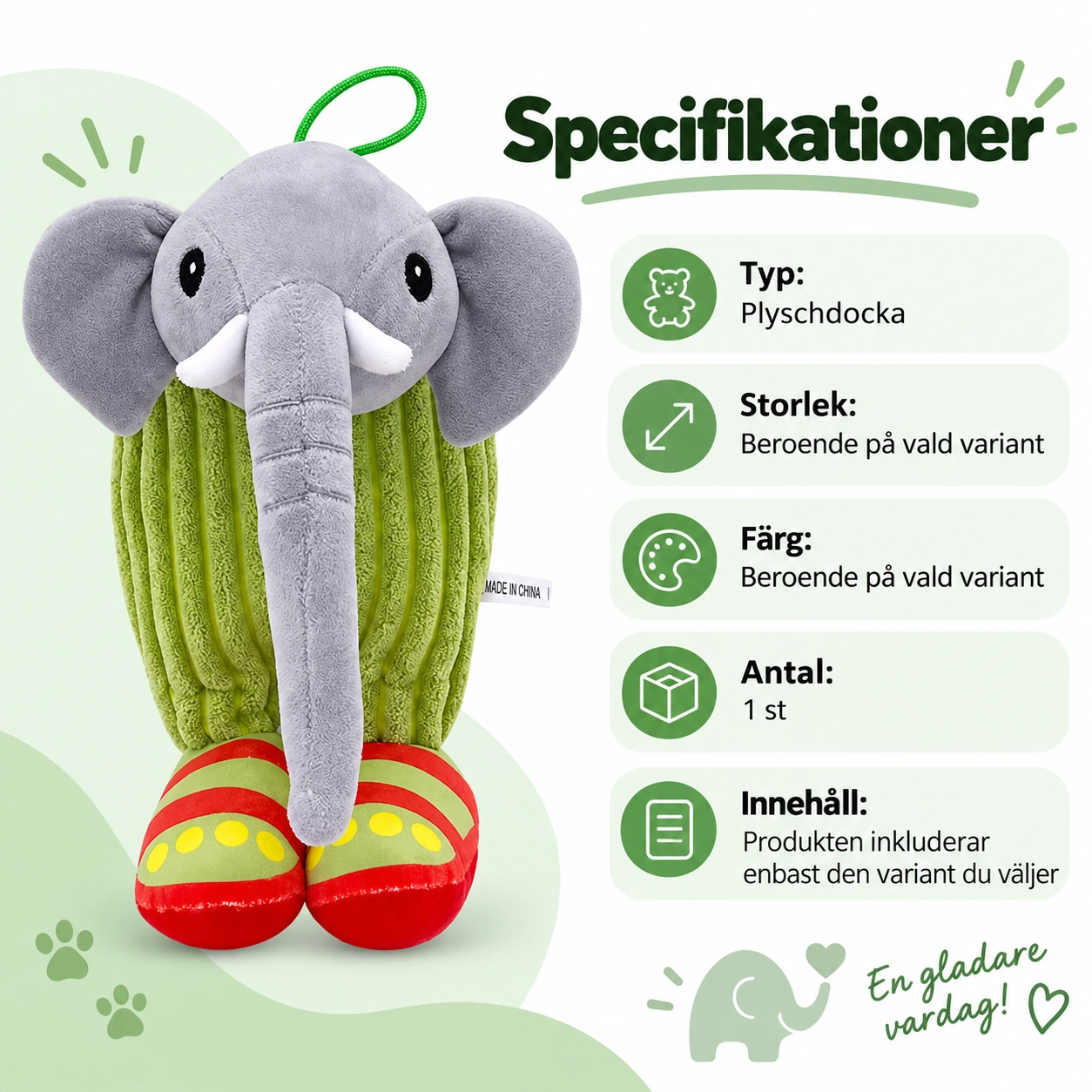 Elefant Plyschdocka med hängögla, 1 st