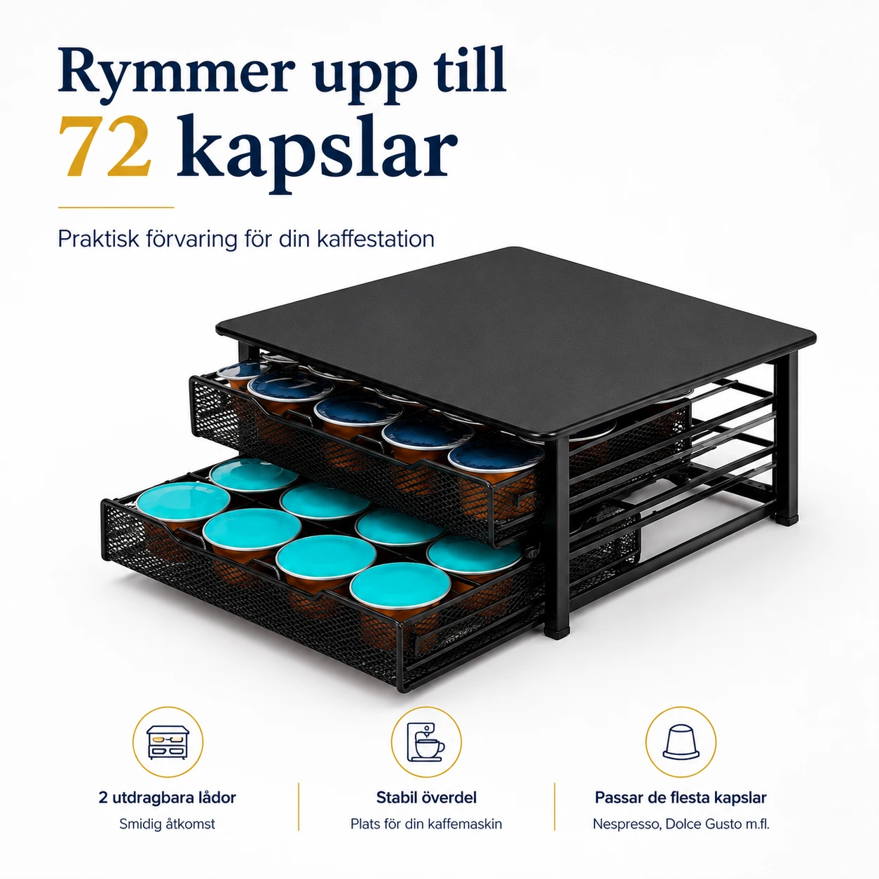 Kaffekapselhållare med Dubbla Lådor för 72 Kapslar
