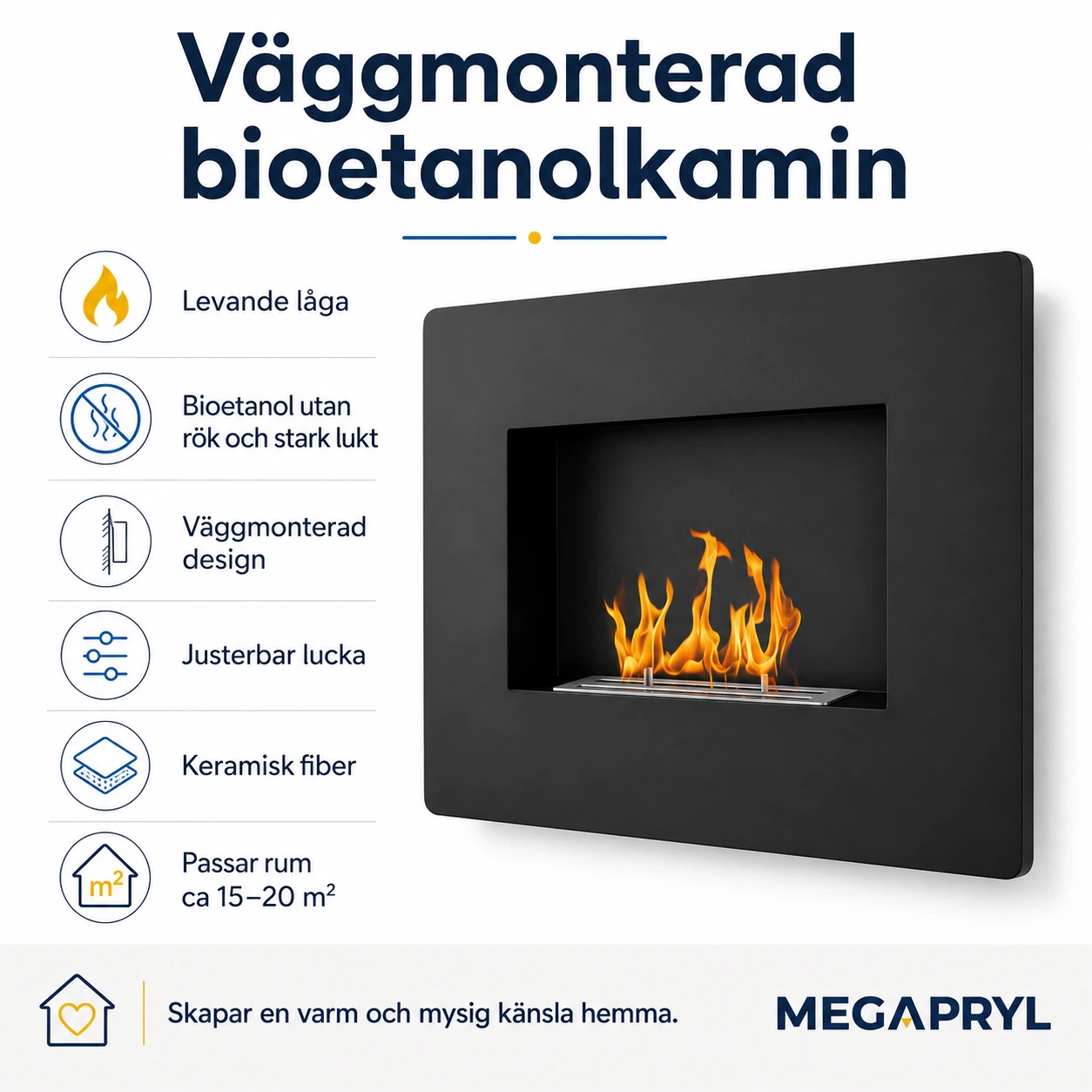Väggmonterad bioetanolkamin med 0,9 l tank