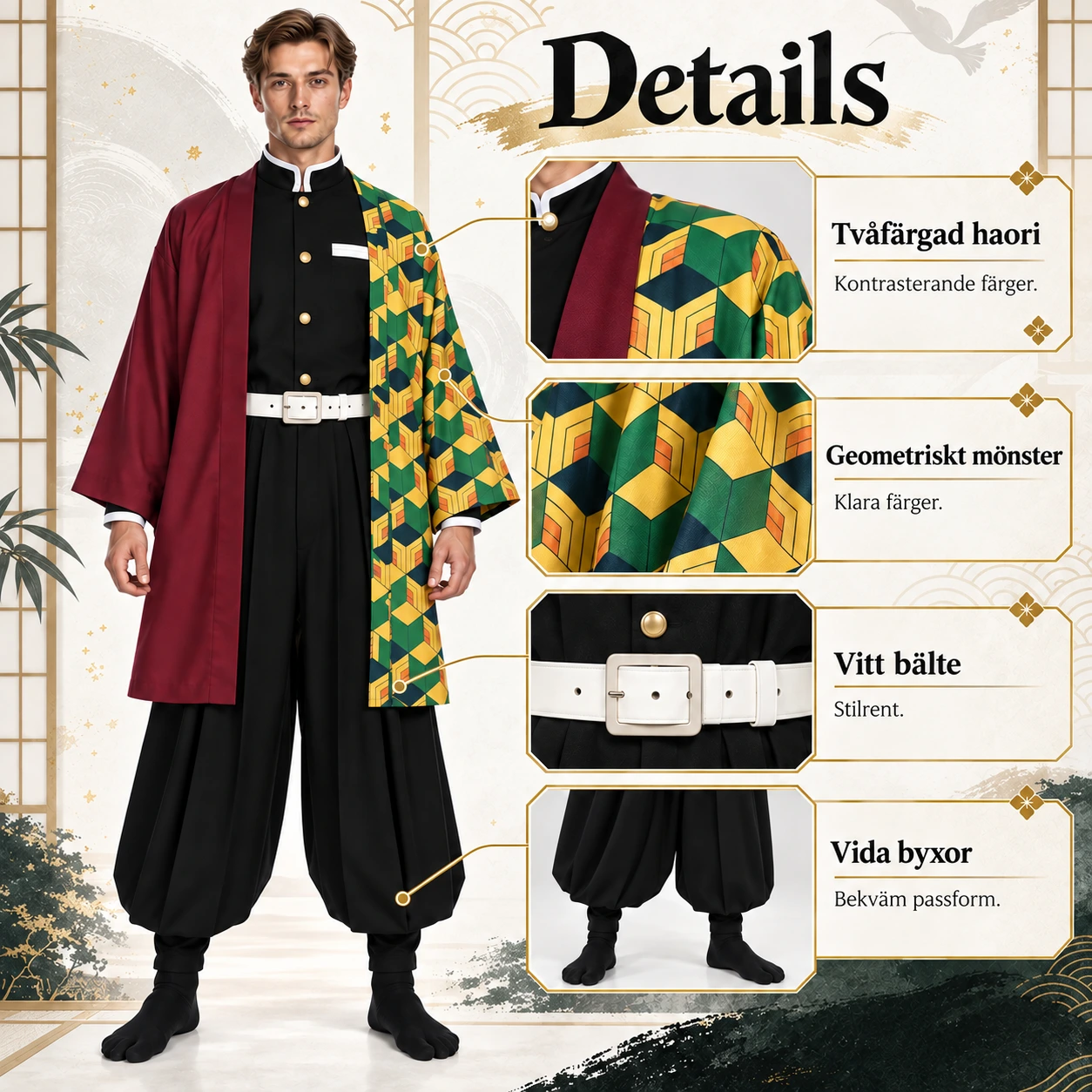 Kaksivärinen haori geometrisella kuviolla ja univormulla