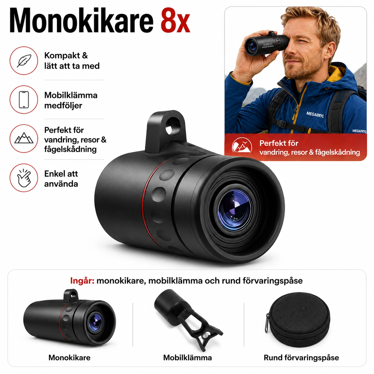 Monokikare 8x – Kompakt Teleskop med Mobilklämma
