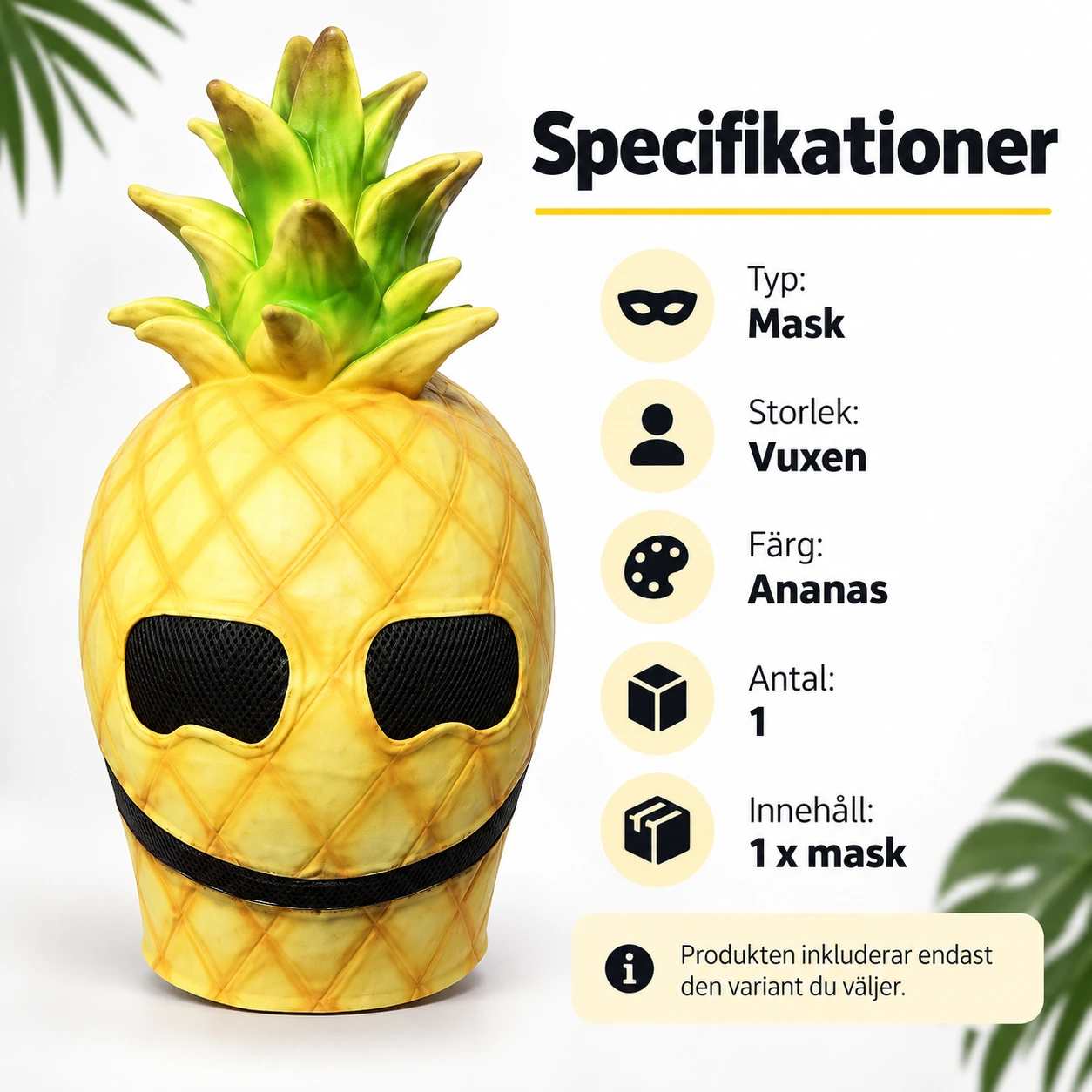 Gul Ananas Latexmask med Solglasögon