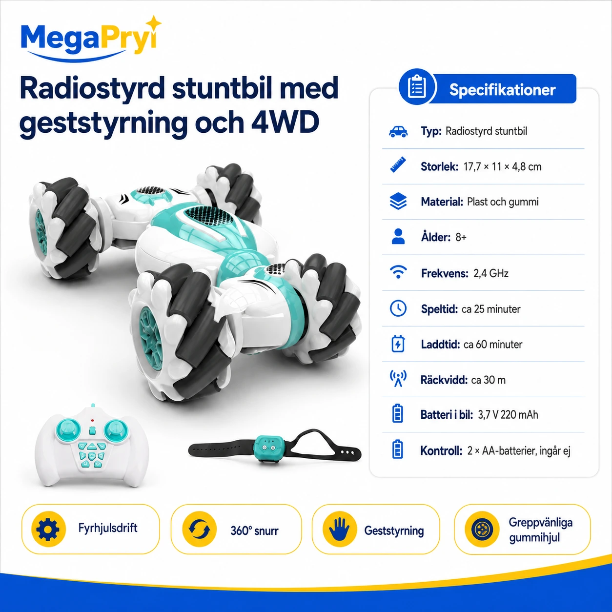 Radiostyrd stuntbil med geststyrning och 4WD