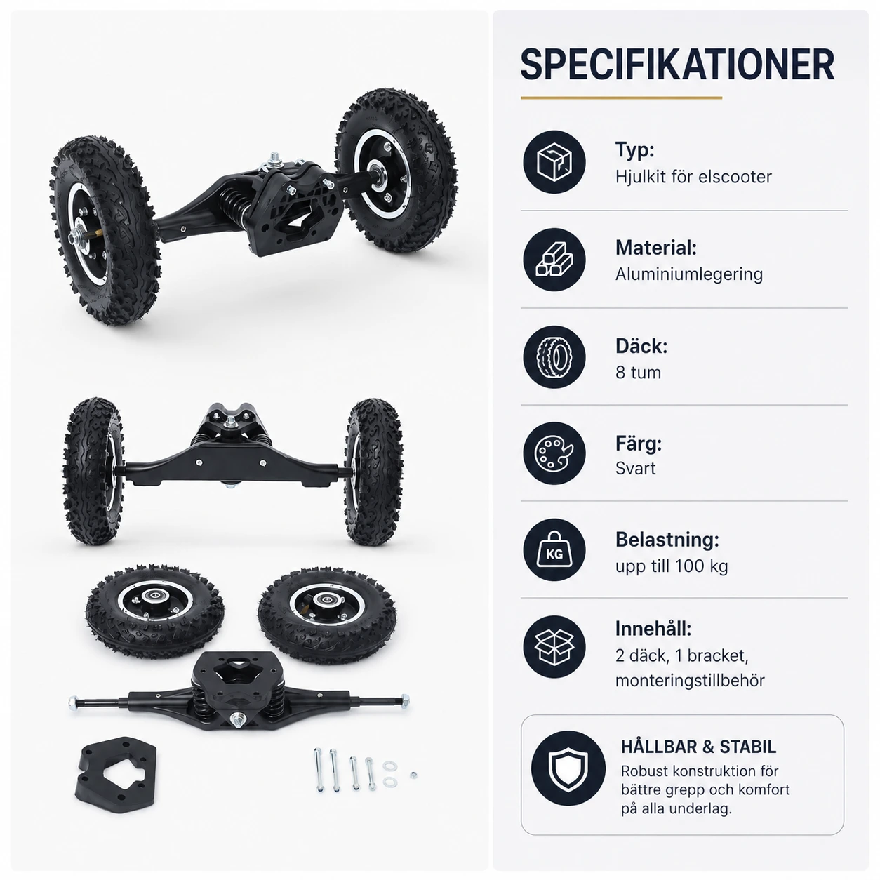 Hjulkit för elscooter med 8-tums däck och fjädrad bracket