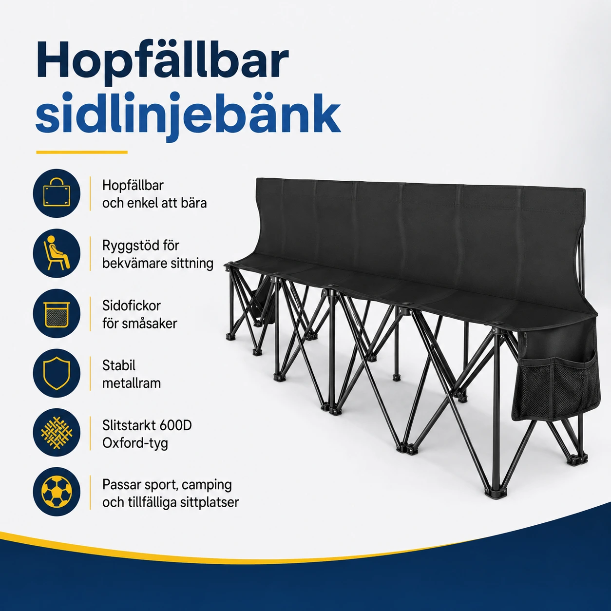 Hopfällbar sidlinjebänk för sport och camping med väska