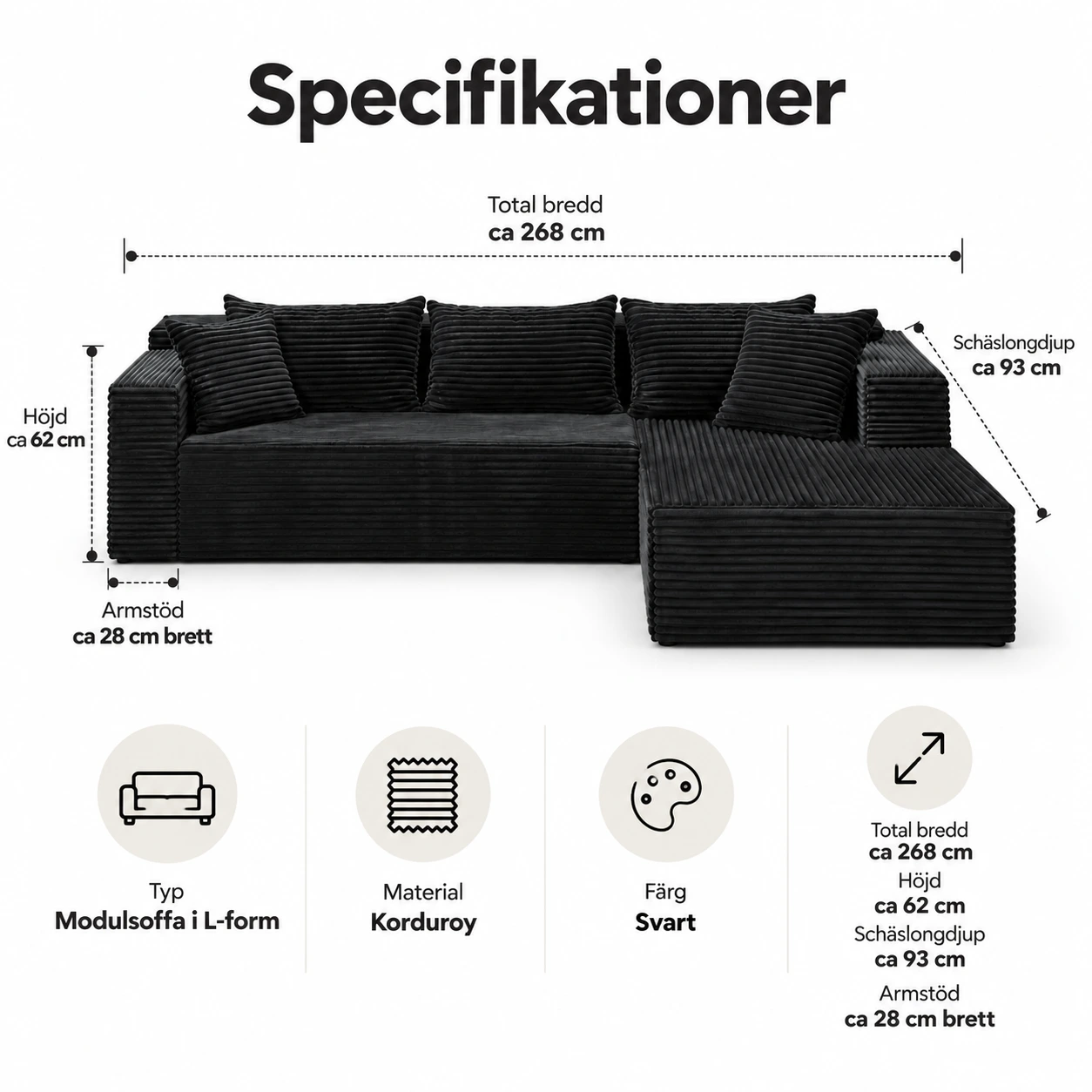Modulsoffa i L-form för vardagsrum med breda armstöd