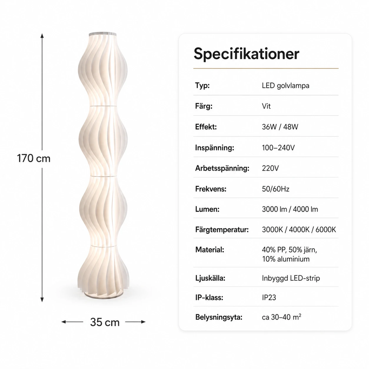 Vågig LED Golvlampa 170 cm i Vit Design