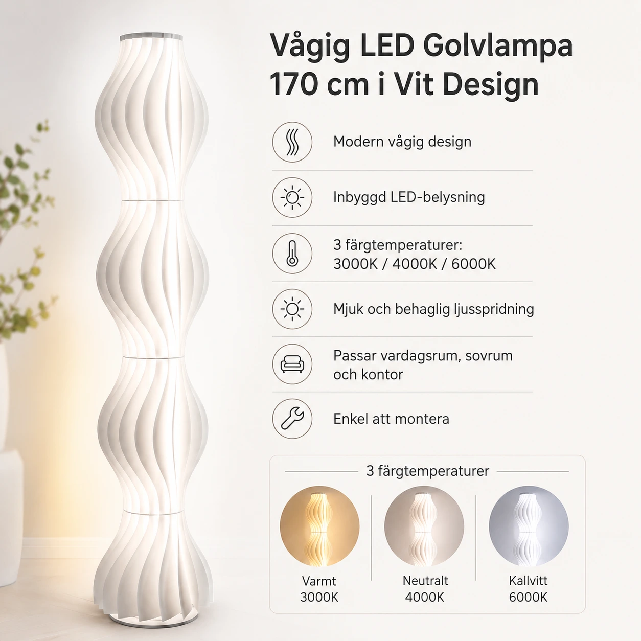 Vågig LED Golvlampa 170 cm i Vit Design