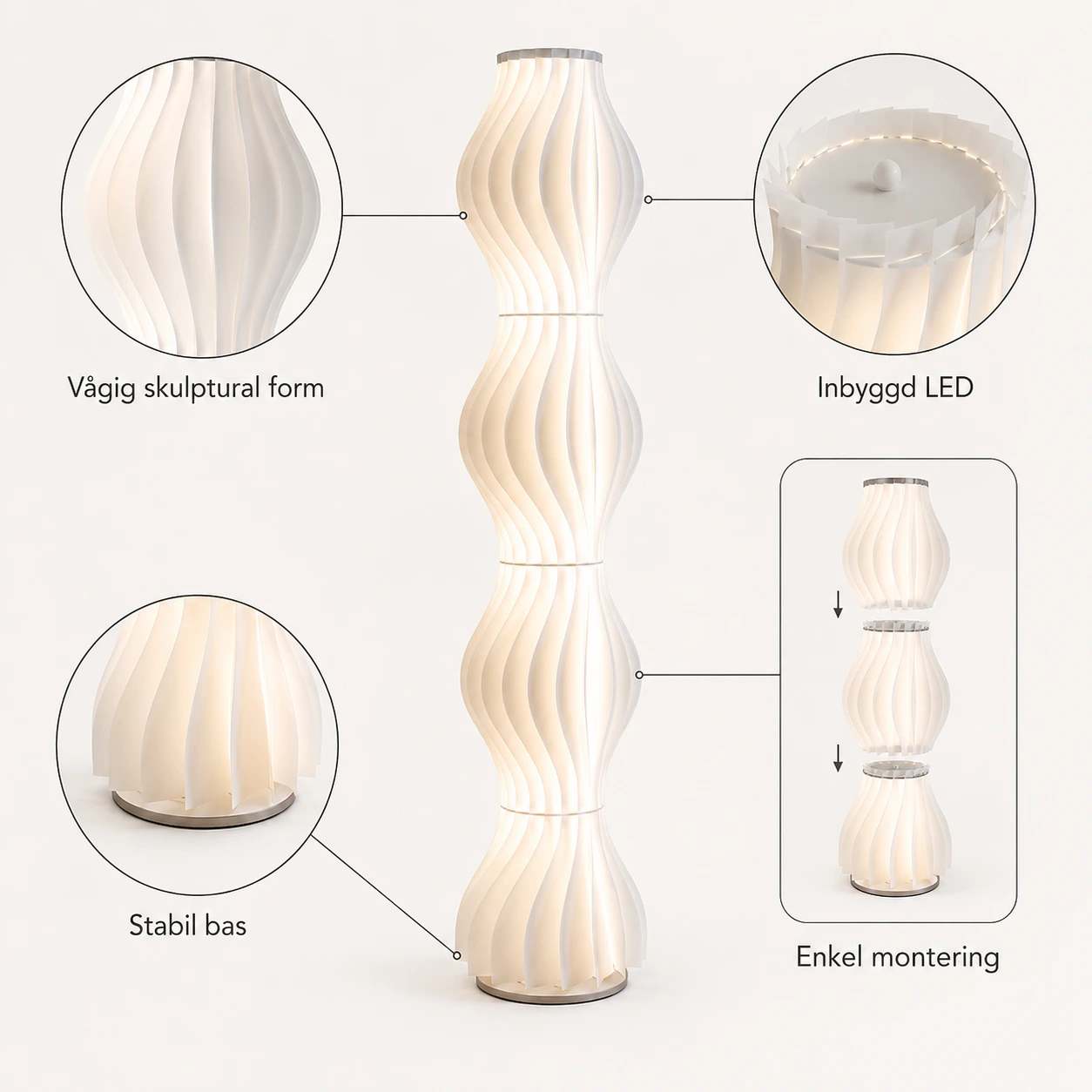 Vågig LED Golvlampa 170 cm i Vit Design
