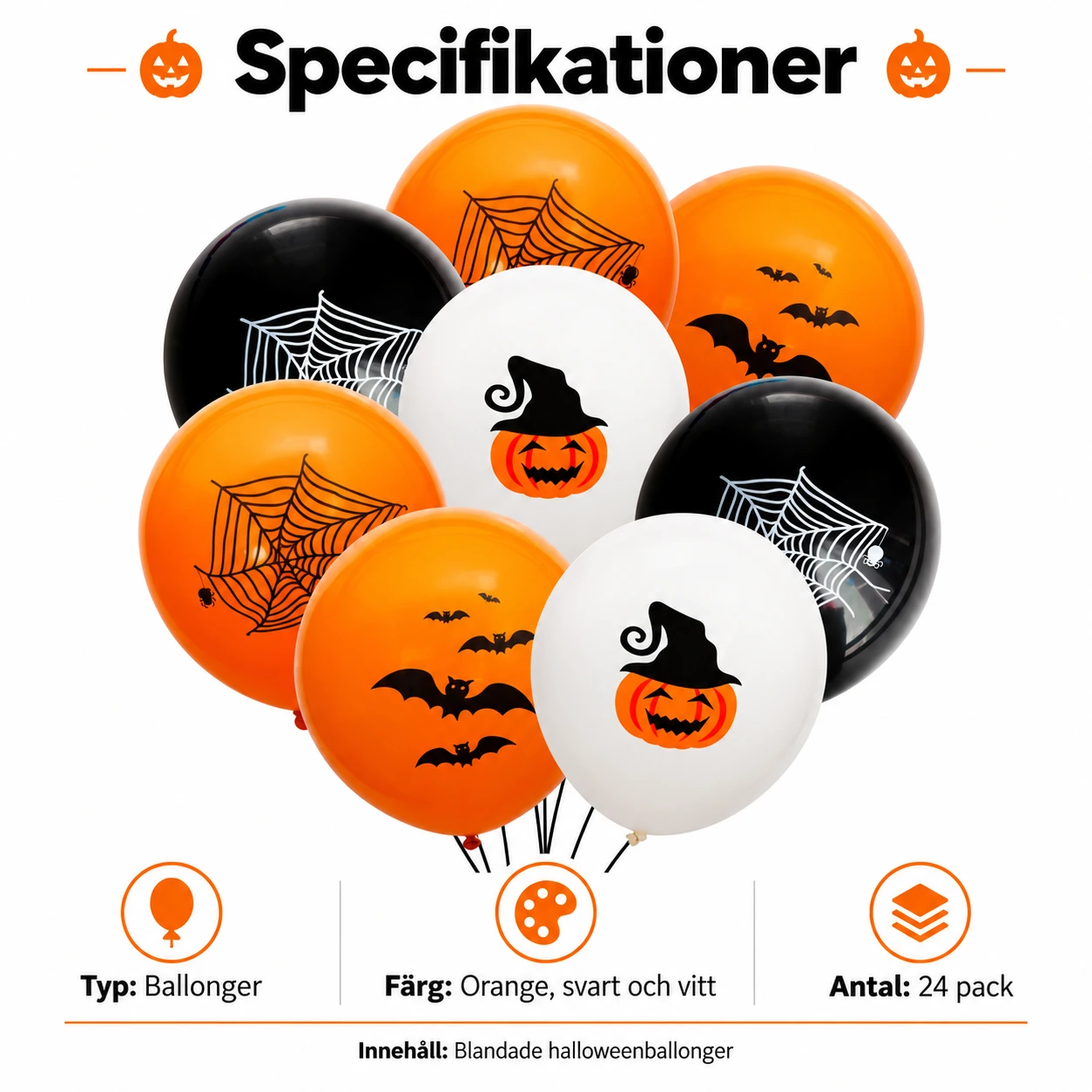 Halloween-ilmapallot kurpitsa-, lepakko- ja hämähäkinseittikuviolla 24 kpl