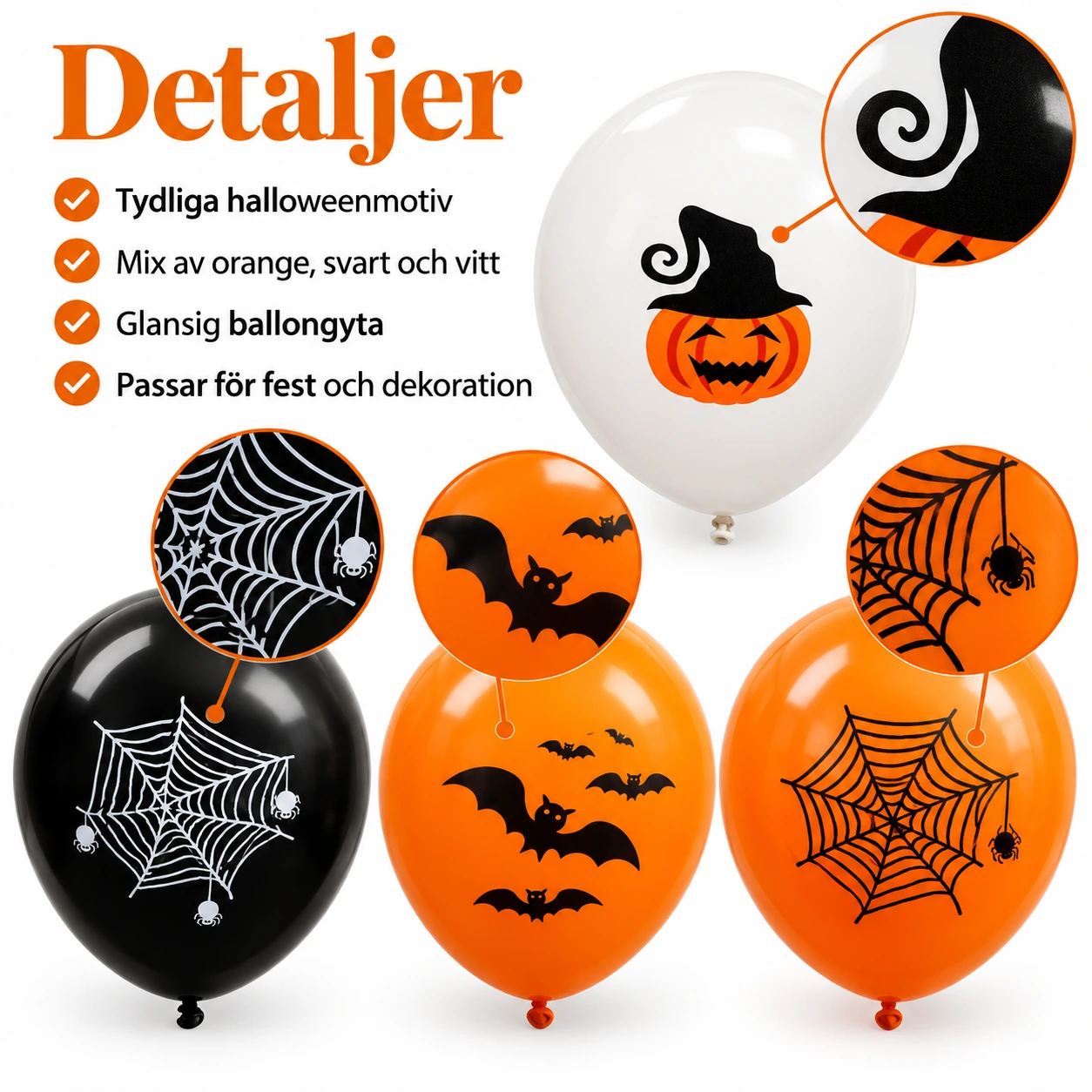 Halloweenballonger med pumpa, fladdermus och spindelnät 24 pack