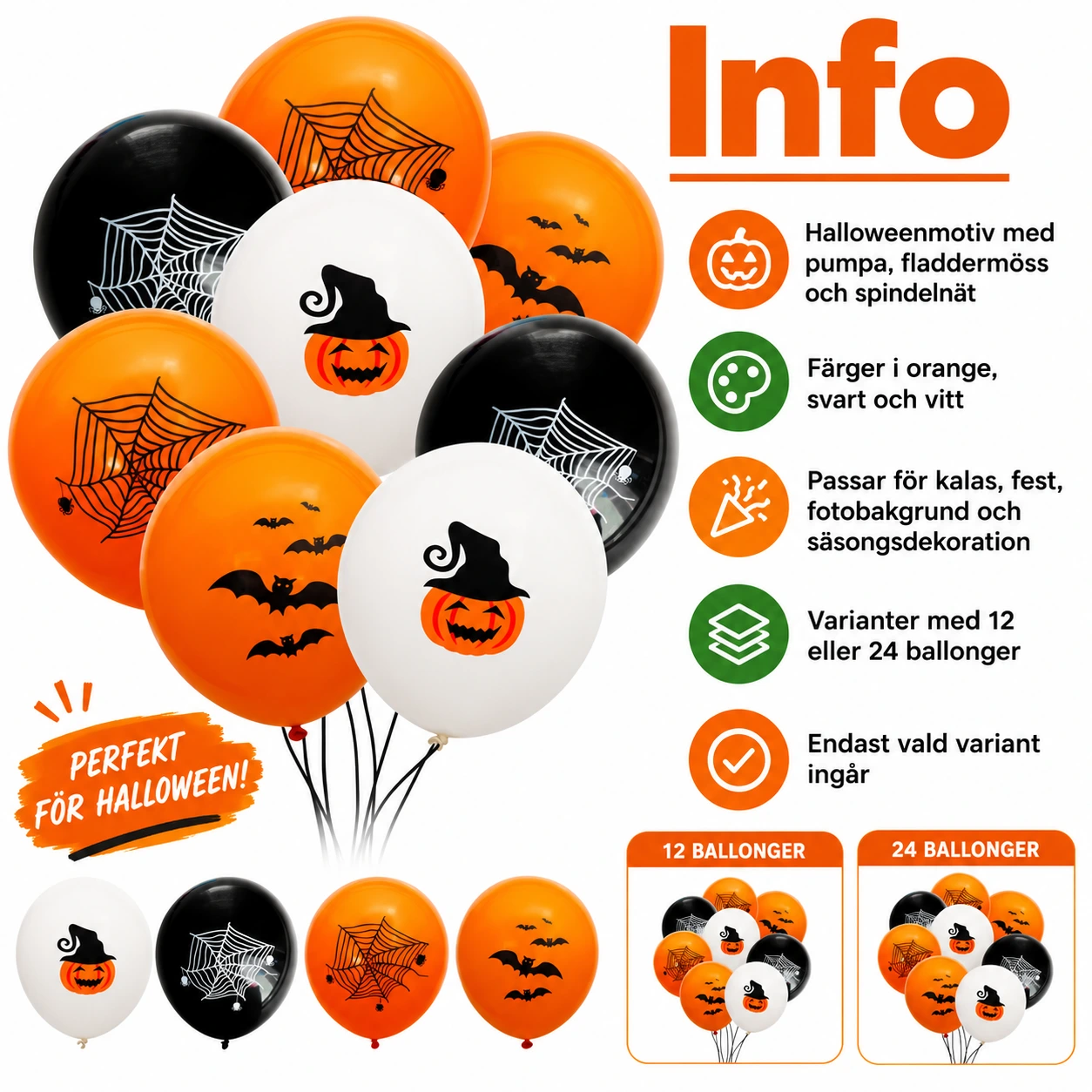 Halloween-ilmapallot kurpitsa-, lepakko- ja hämähäkinseittikuviolla 24 kpl