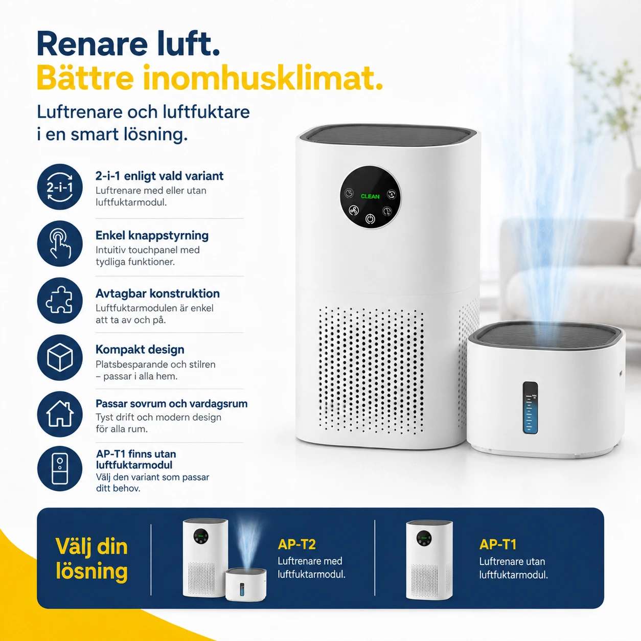 Luftrenare med luftfuktare för hemmet, 2-i-1