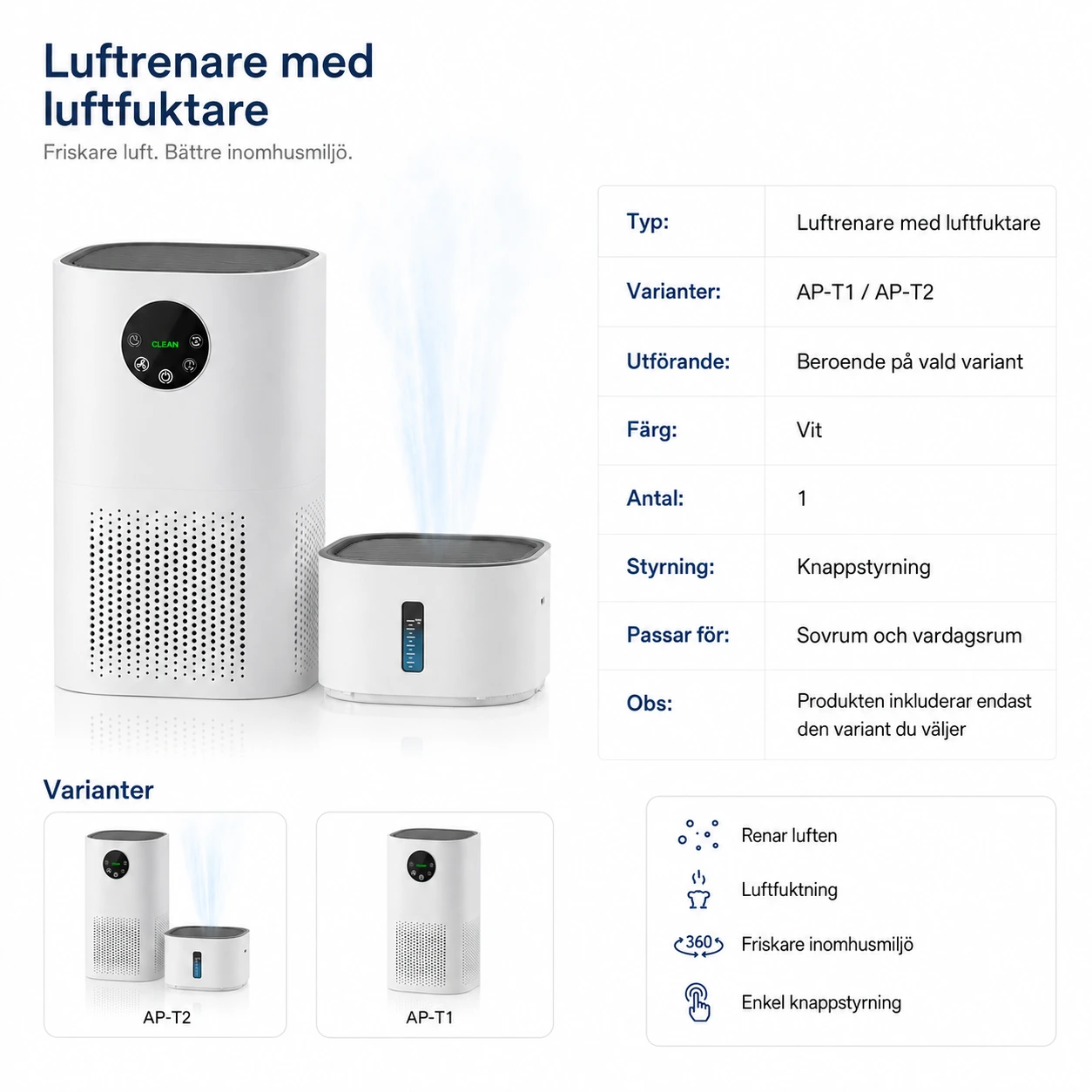 Luftrenare med luftfuktare för hemmet, 2-i-1