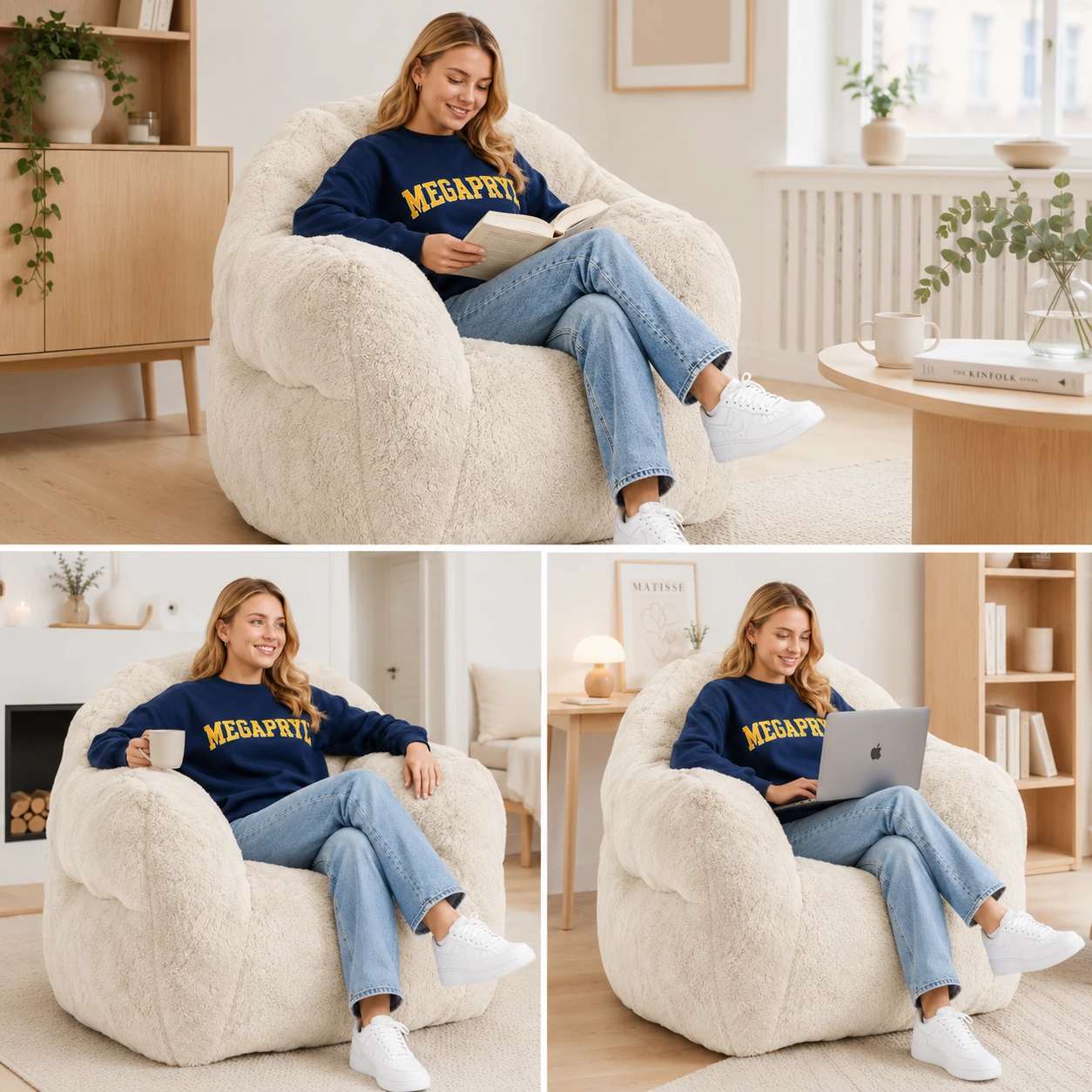 Sittsäck Fåtölj Oversized i Teddy Beige med Armstöd