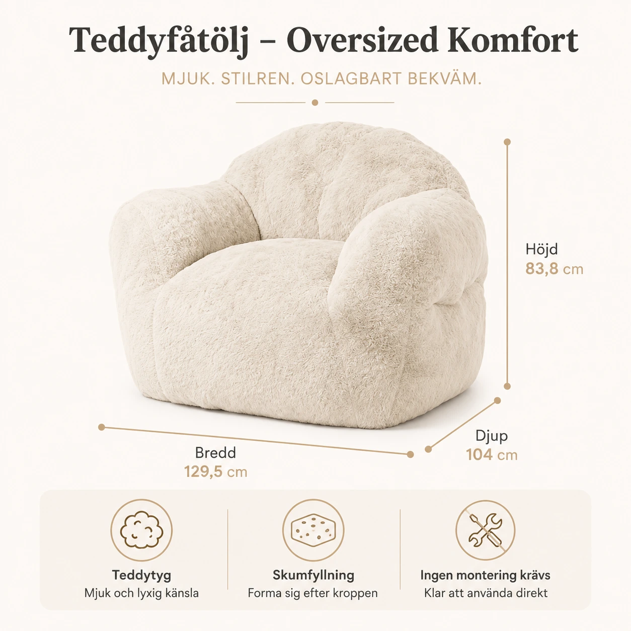 Sittsäck Fåtölj Oversized i Teddy Beige med Armstöd