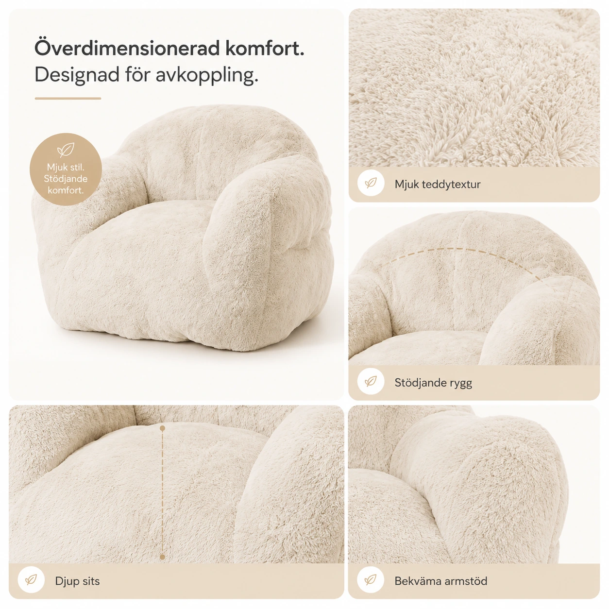 Sittsäck Fåtölj Oversized i Teddy Beige med Armstöd