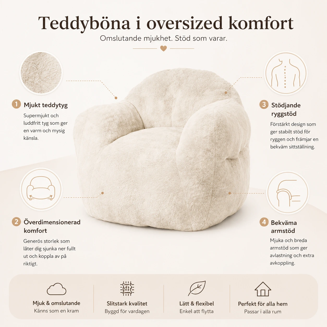 Sittsäck Fåtölj Oversized i Teddy Beige med Armstöd