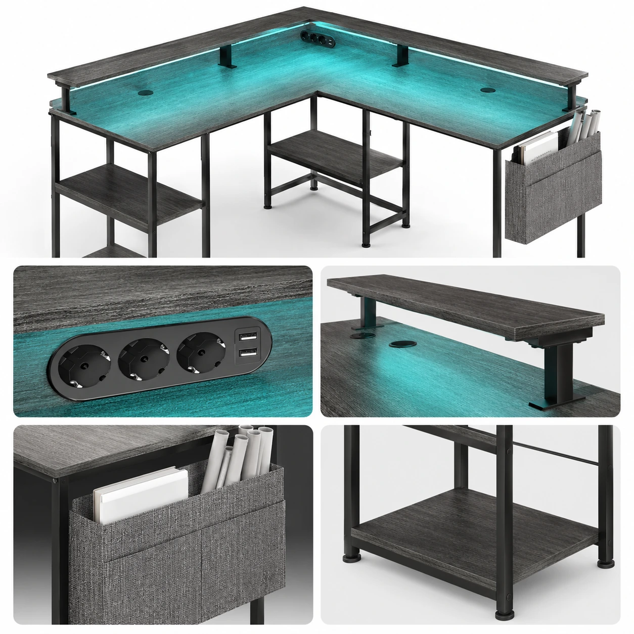Datorbord L-format med LED, USB och Eluttag