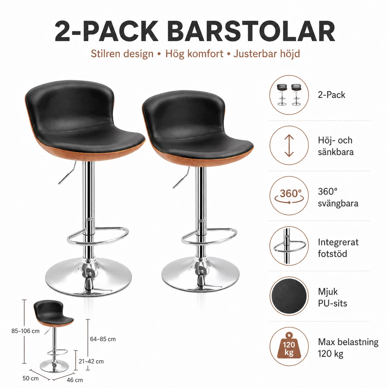 Barstolar 2-Pack Svart PU – Höj- och Sänkbara med Fotstöd
