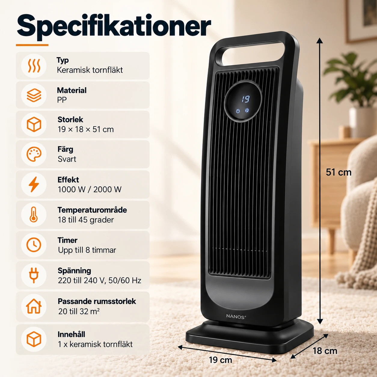 Keramisk tornfläkt för hemmet med oscillering och timer