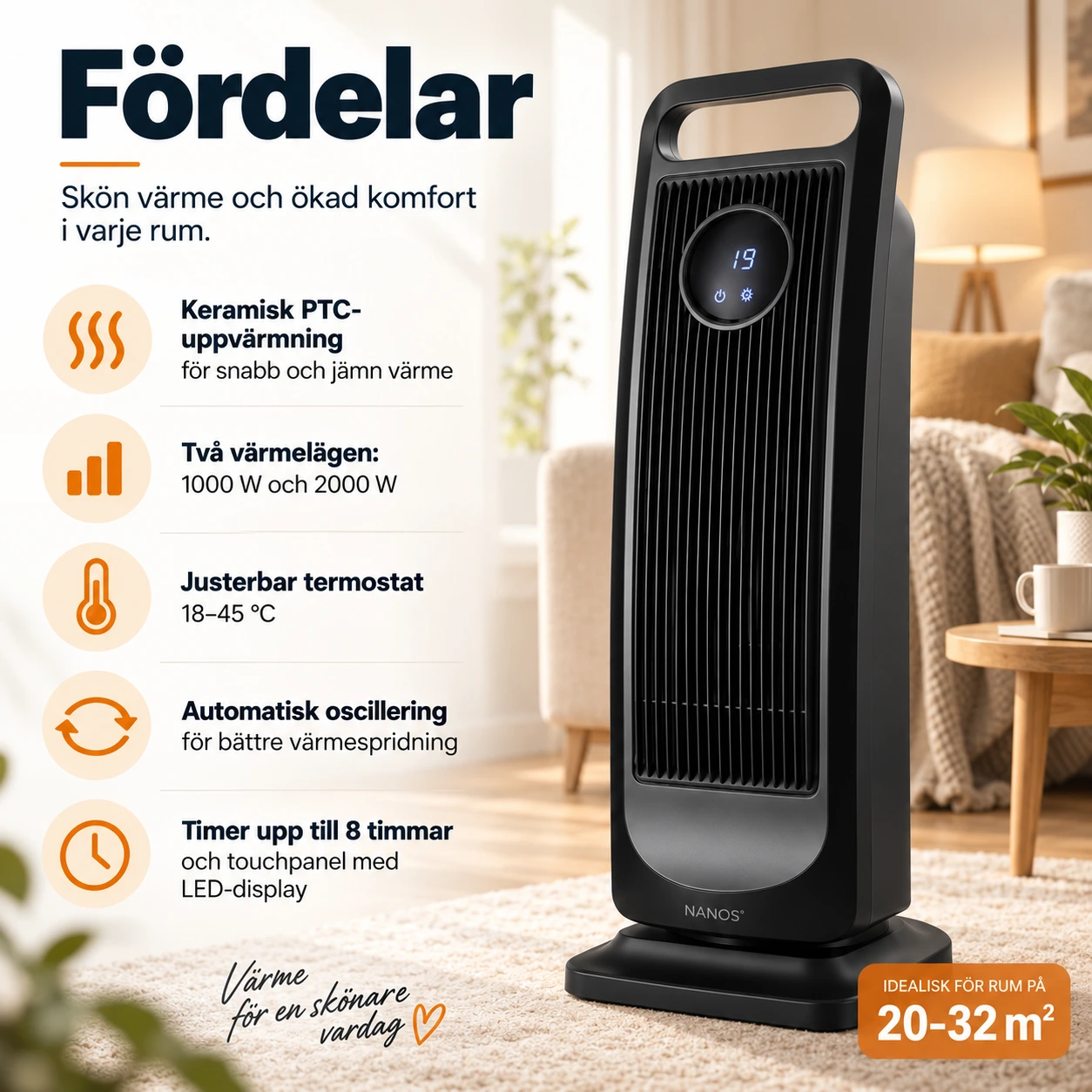 Keramisk tornfläkt för hemmet med oscillering och timer