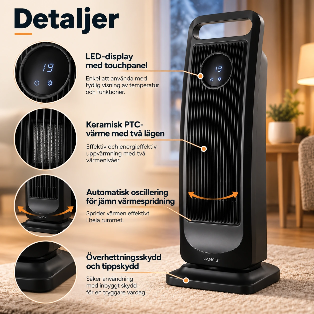 Keramisk tornfläkt för hemmet med oscillering och timer