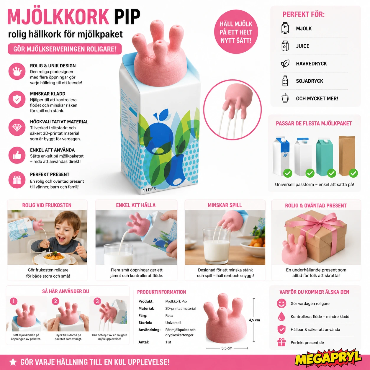 Mjölkkork Pip – Rolig Hällkork för Mjölkpaket
