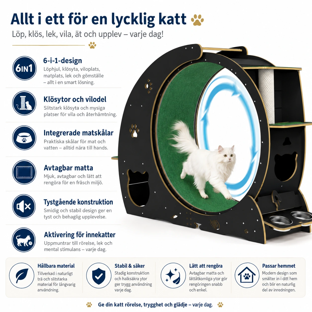Kattlöpband för innekatter med klösytor och matskålar