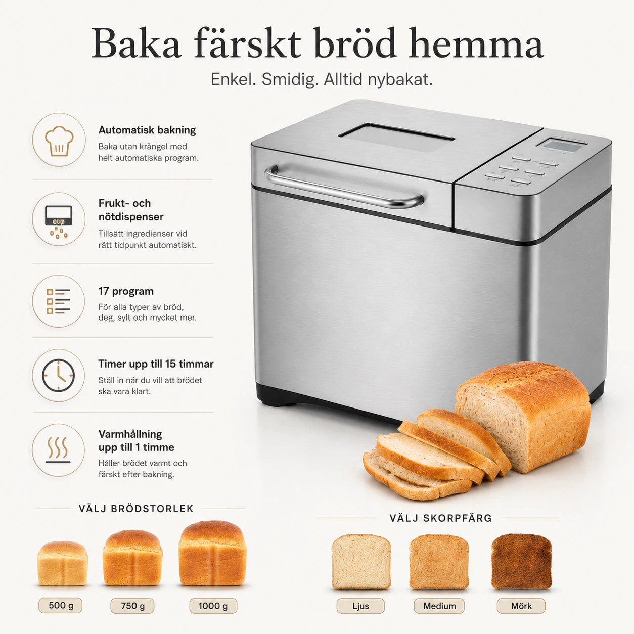 Bakmaskin med frukt- och nötdispenser och timer