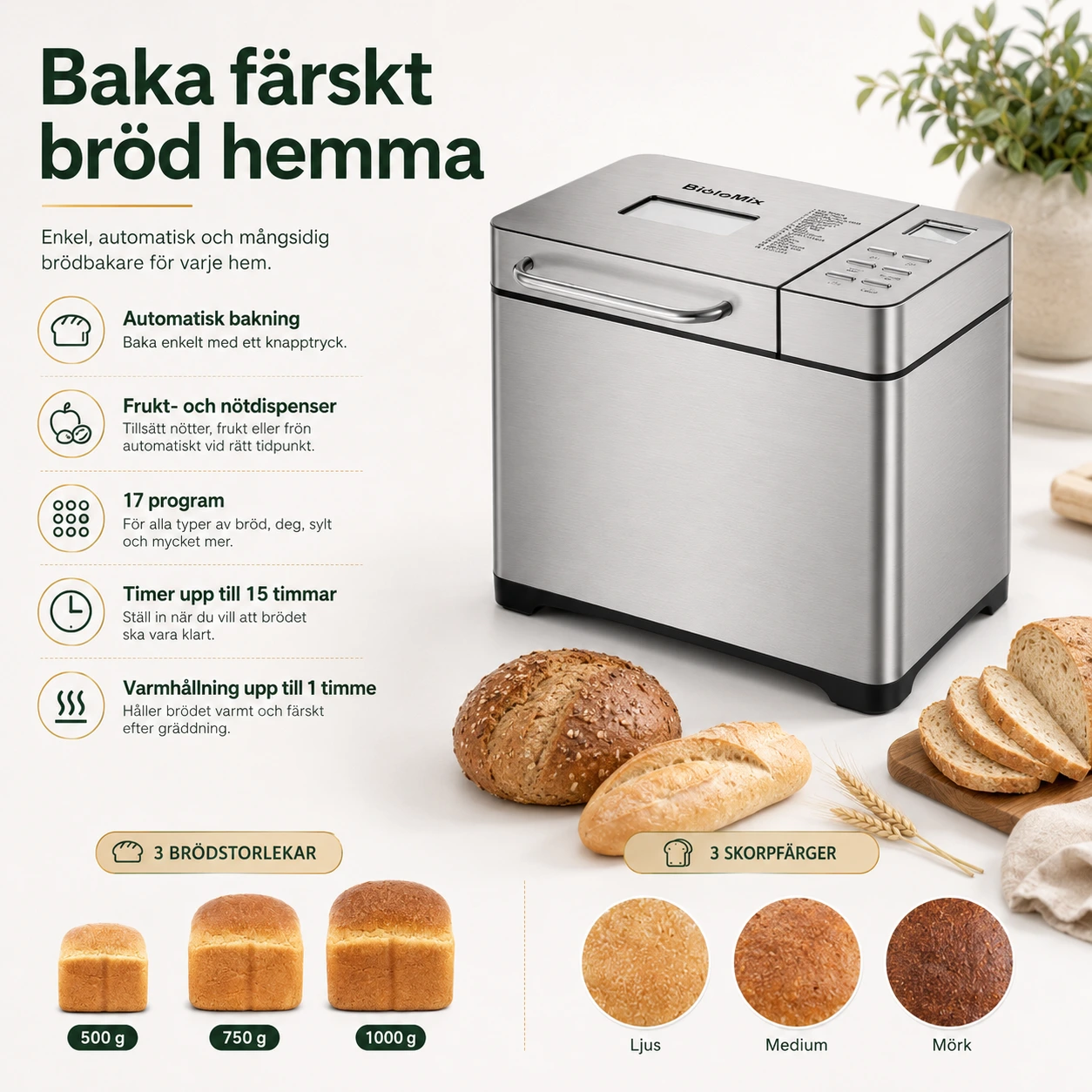 Leipäkone hedelmä- ja pähkinäannostelijalla ja ajastimella