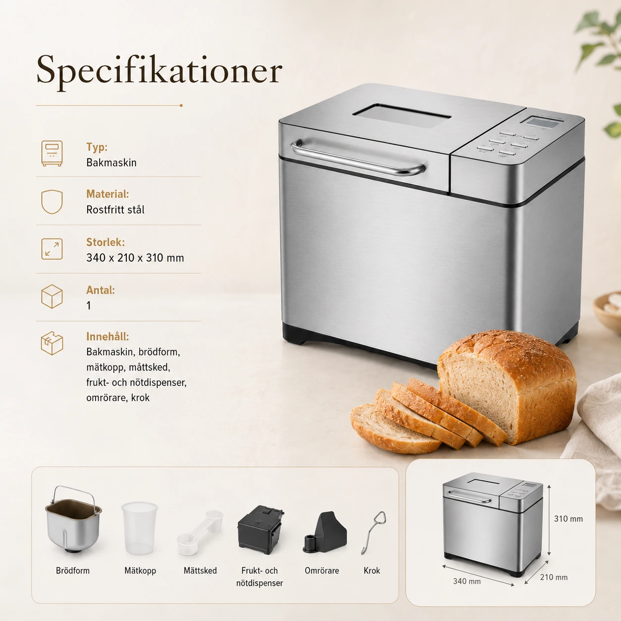 Bakmaskin med frukt- och nötdispenser och timer