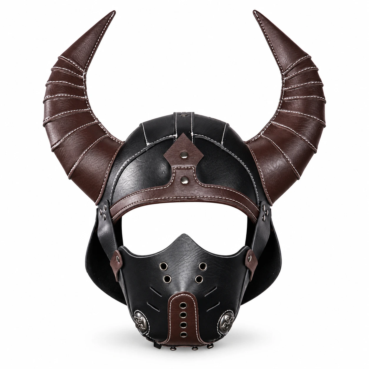 Svart och Brun Läder-Look Hjälm med Horn och Ansiktsmask
