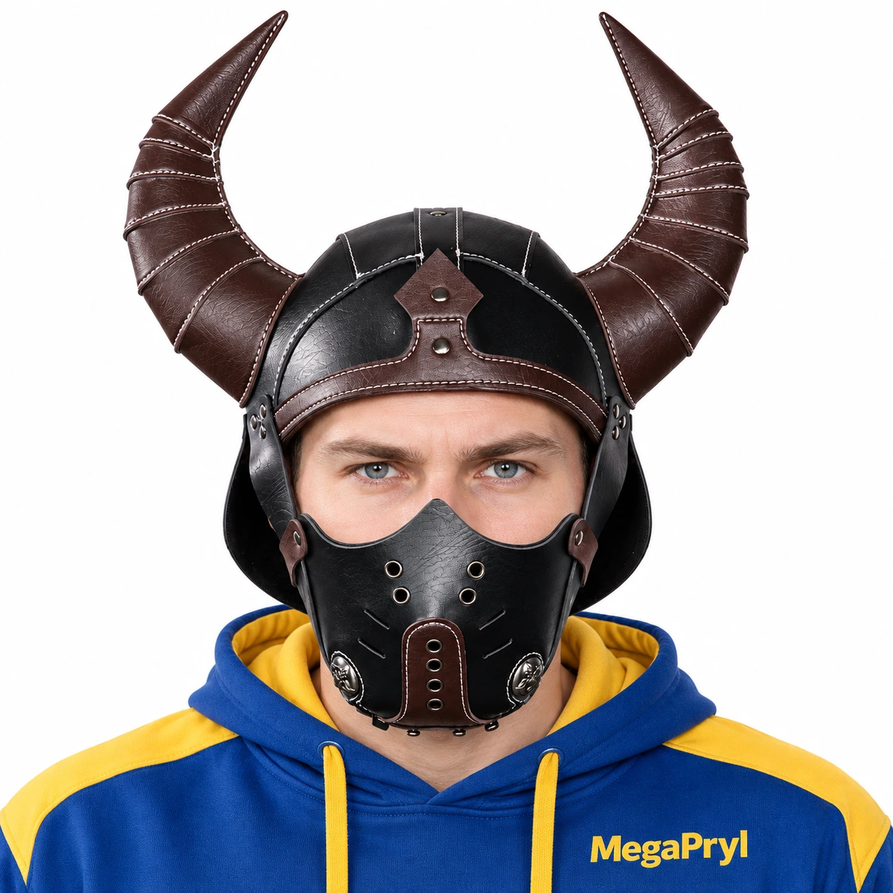 Svart och Brun Läder-Look Hjälm med Horn och Ansiktsmask