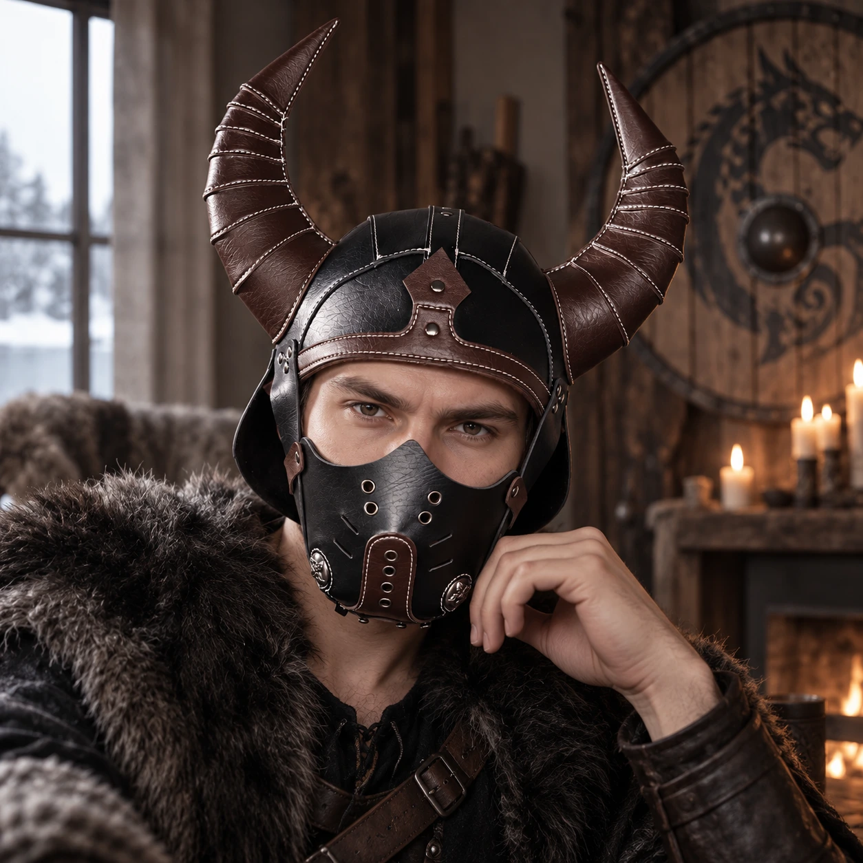 Svart och Brun Läder-Look Hjälm med Horn och Ansiktsmask